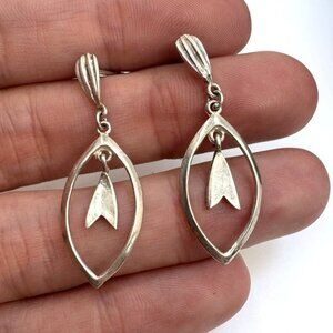 VTG Sterling Silver 925 Marquise Shape Arrow Design Earrings Size 1.5" Length